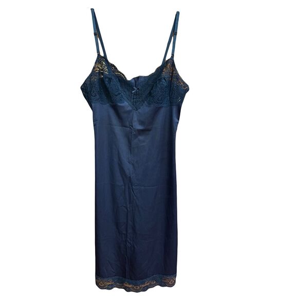 HOLLYWOOD VASSARETTE Vintage Slip Dress 36 Blue Lace Nylon Tricot Coquette - Picture 2 of 15